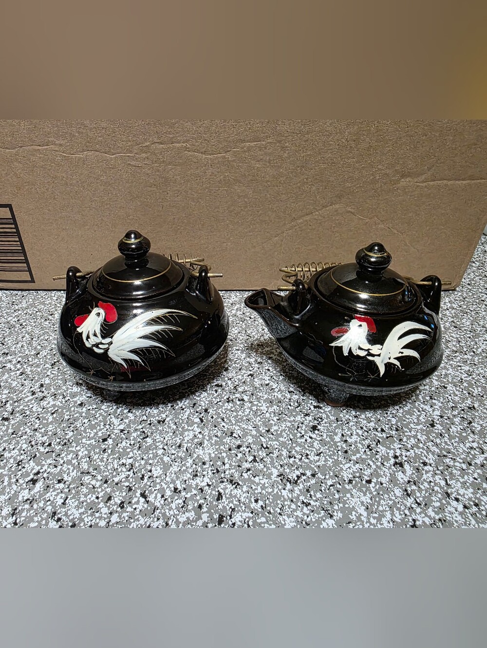 Vtg Redware Rooster Creamer And Sugar  Teapot Shaped